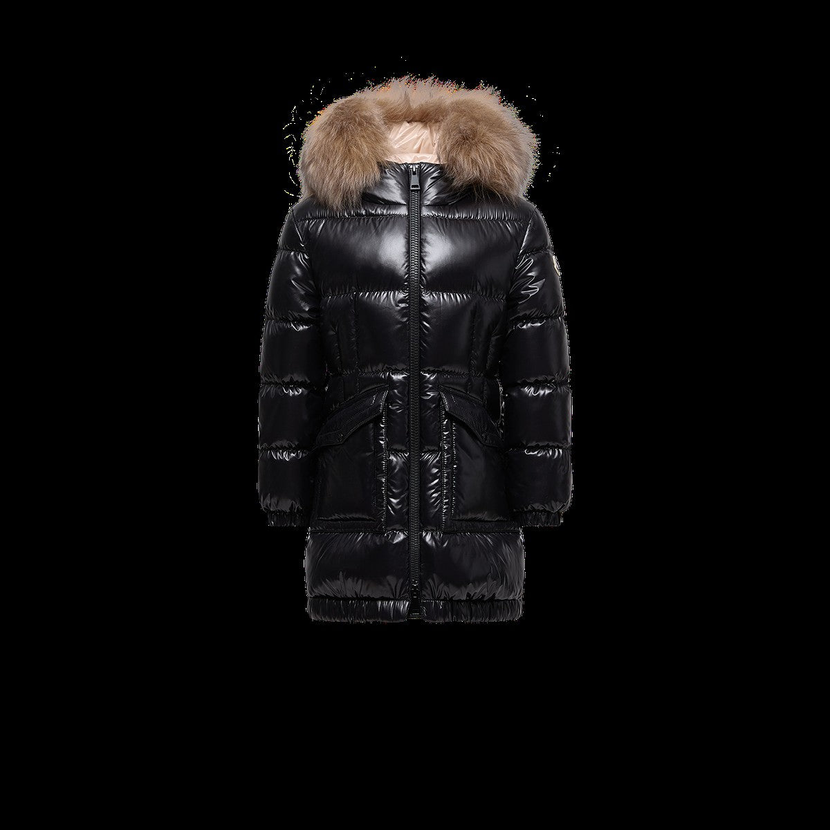 몽클레어 키즈 아루나 Aruna 여아 양털 트리밍 후드 다운 롱패딩 블랙&베이지
